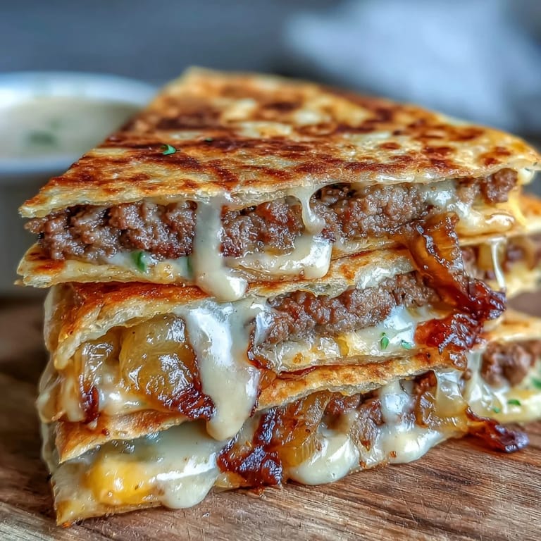 Melted cheese and juicy smashburger patties peek out from a griddled quesadilla, garnished with fresh cilantro and pickles.