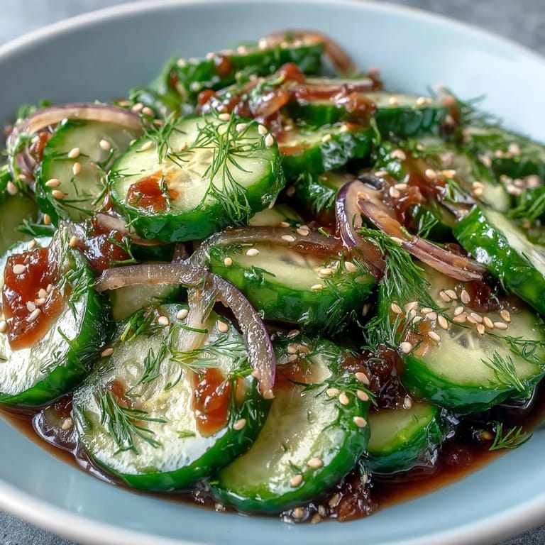 A bowl of Refreshing Crunchy Cucumber Salad tossed with julienned carrots and sesame seeds, ready to serve with grilled chicken.