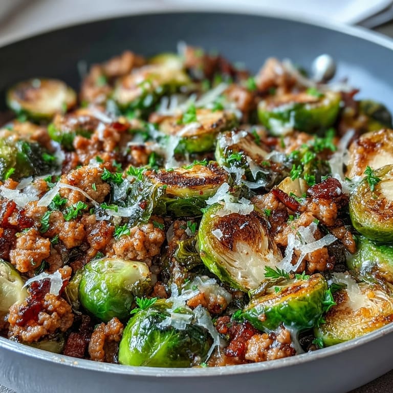 Sizzling Brussels sprouts and ground turkey with melted Parmesan and fresh parsley garnish on a plate.