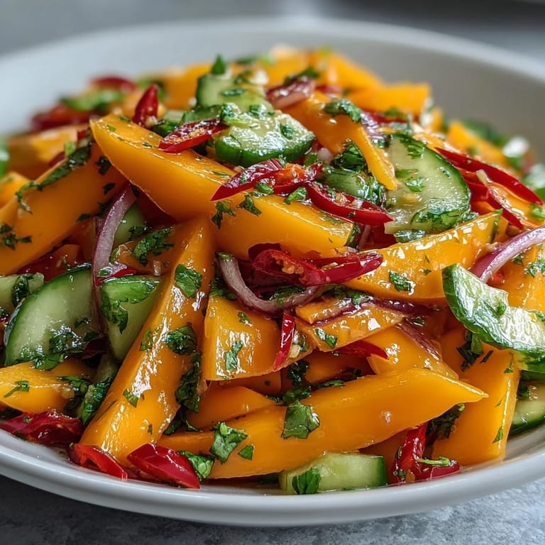 Glossy mango ribbons, red onion slices, and green cilantro flecks tossed in Refreshing Mango Salad with Lime Dressing.