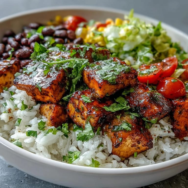 Assembled Meal Prep Burrito Bowl Base with savory tofu, fresh pico de gallo, creamy avocado slices, and a squeeze of lime.