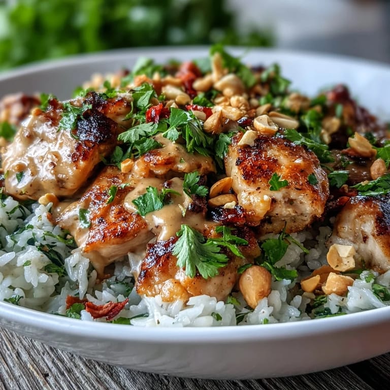 Sliced chicken and crisp vegetables drizzled with creamy Thai-inspired peanut sauce over fluffy coconut rice in a bowl.