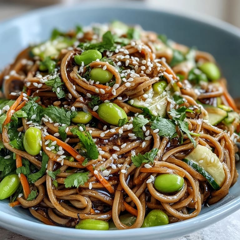 The finished Soba Noodle Bowl presents chewy buckwheat noodles, fresh vegetables, and herbs, ready to be enjoyed as a refreshing light meal.  