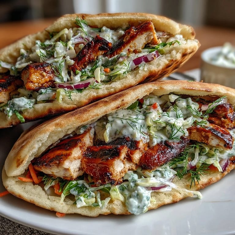 Savory marinated chicken tucked into warm pita halves, filled to the brim with a cool, tangy ranch slaw and optional fresh tomato slices.