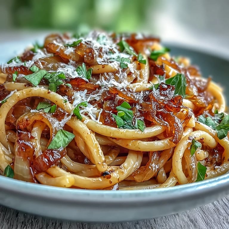 A close-up of Caramelized Onion Pasta with Chili Oil topped with grated Parmesan and red chili flakes.