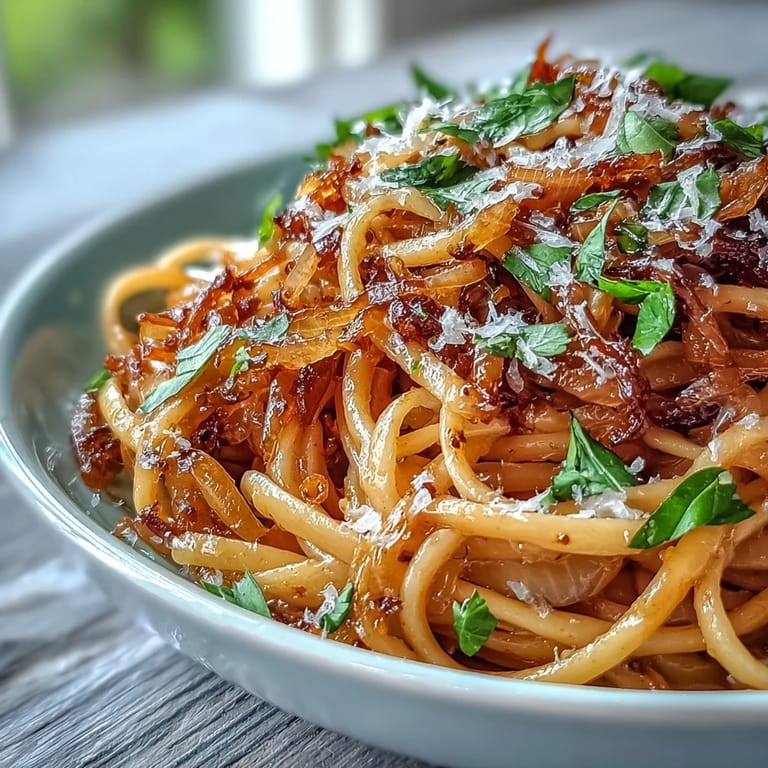 Caramelized Onion Pasta with Chili Oil tossed in a skillet, smoky paprika oil coating every strand beautifully.