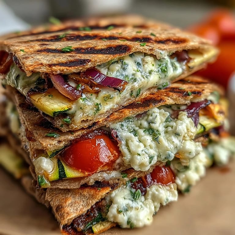 Freshly grilled zucchini, peppers, and onions stuffed inside these golden Mediterranean veggie quesadillas with herbs and mozzarella.