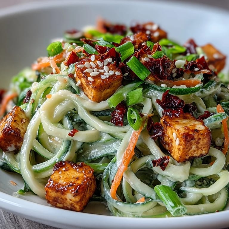 Bright green cucumber noodles tossed in a creamy chili crisp sauce, paired with shredded chicken and fresh cilantro for a colorful, refreshing meal.
