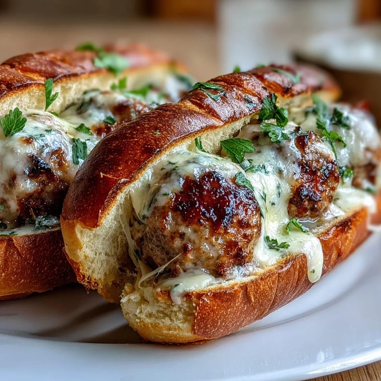 Toasted sub roll brim with saucy turkey meatballs and bubbling mozzarella, garnished with fresh parsley for a hearty Garlic Parmesan Turkey Meatball Subs.