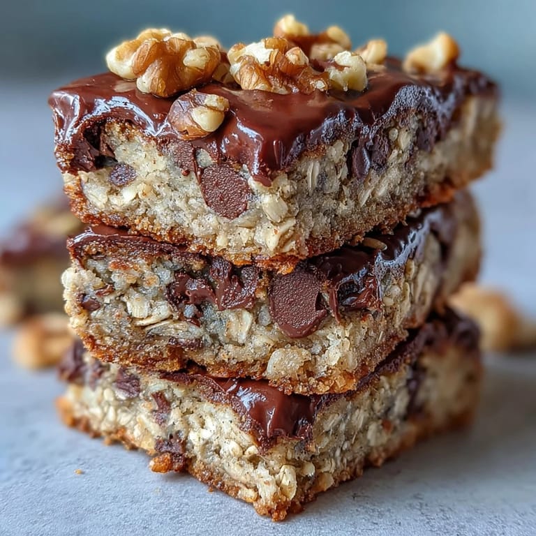Freshly sliced Chunky Monkey Protein Oat Bars with melty chocolate chunks and walnut pieces, ready for breakfast or snacking.