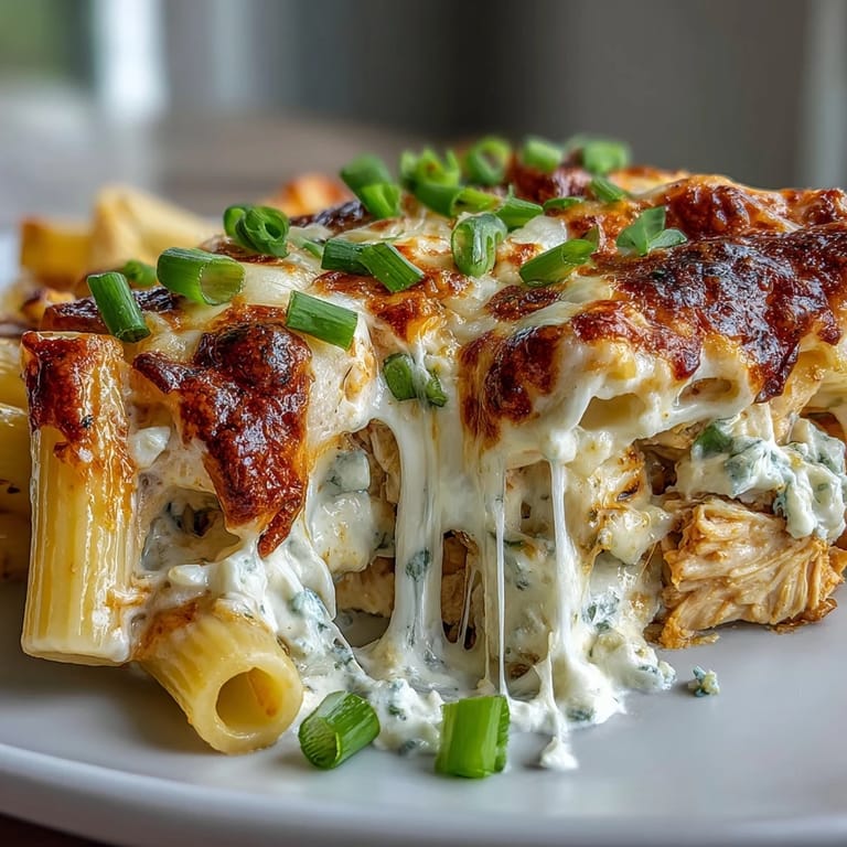 Cheesy Creamy Buffalo Ranch Chicken Pasta Bake served in a white dish with fresh salad and garlic bread.
