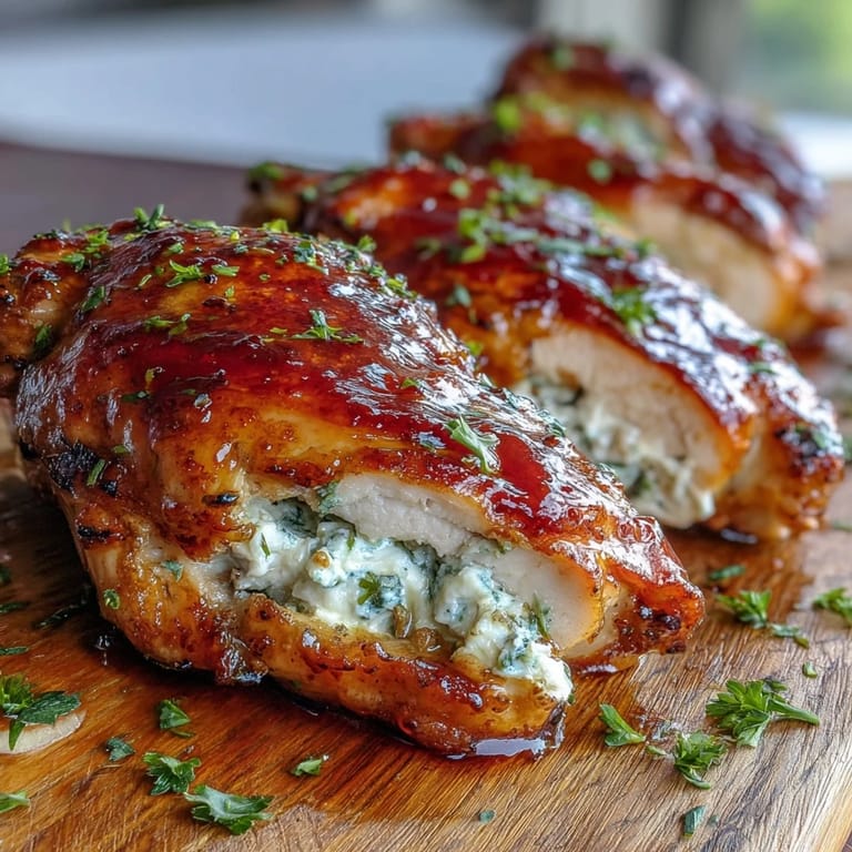 Sliced Hot Honey Ricotta Stuffed Chicken revealing creamy ricotta, basil, and parmesan inside the tender meat.
