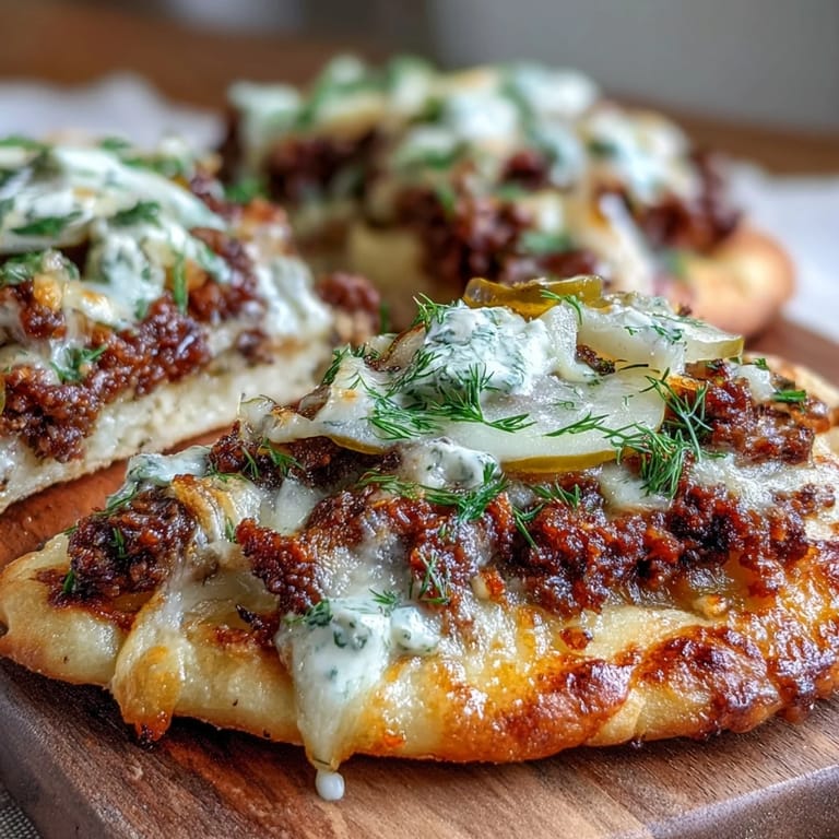Mini Cheeseburger Garlic Naan Pizzas topped with seasoned beef, creamy cheese sauce, and diced tomatoes on golden garlic naan.