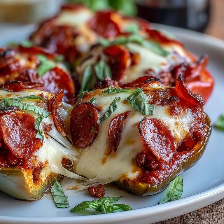 Savory Keto Pizza Stuffed Peppers overflowing with gooey mozzarella and zesty pepperoni, served on a white plate with marinara for dipping.