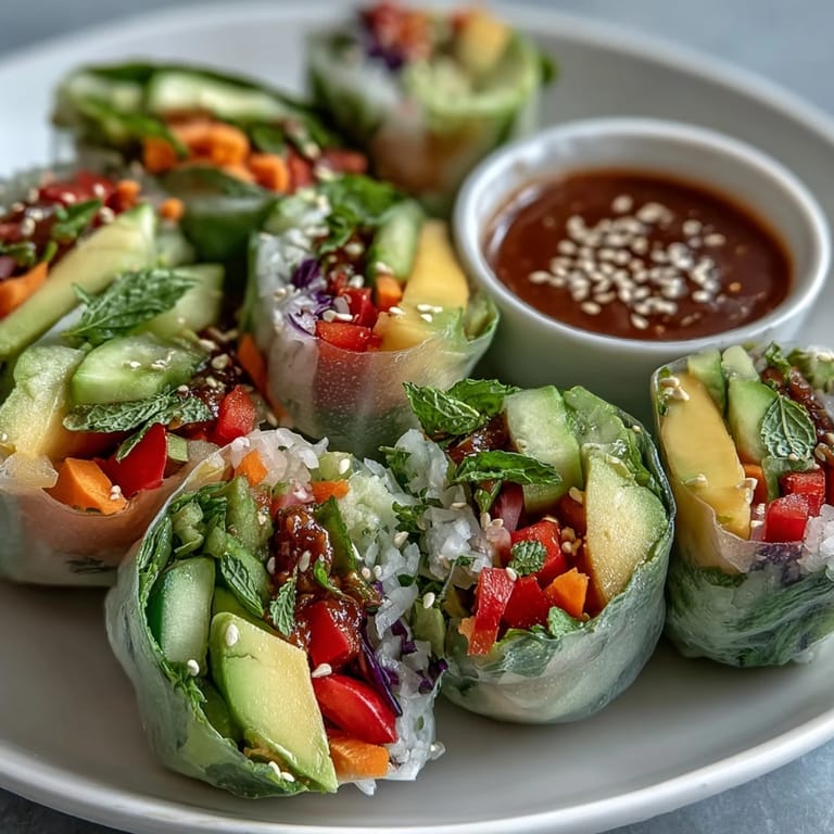 Fresh Vegan Mango Avocado Spring Rolls served on a bamboo board with lime wedges, sesame seeds, and a small bowl of spicy chili sauce.