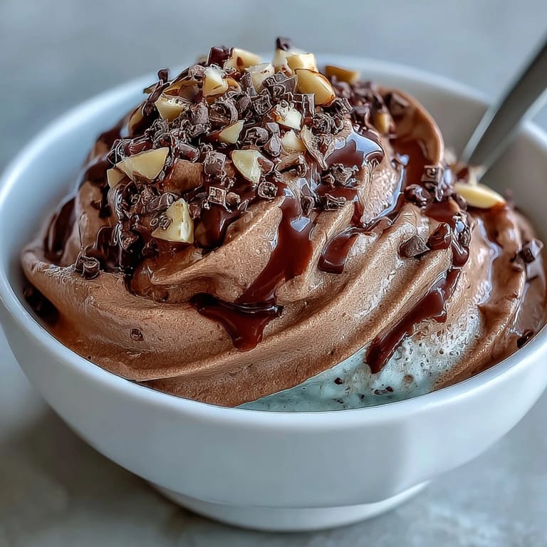 Freshly blended Vegan Chocolate Banana Nice Cream is served as a soft-serve dessert with chopped toasted almonds and a drizzle of almond butter.