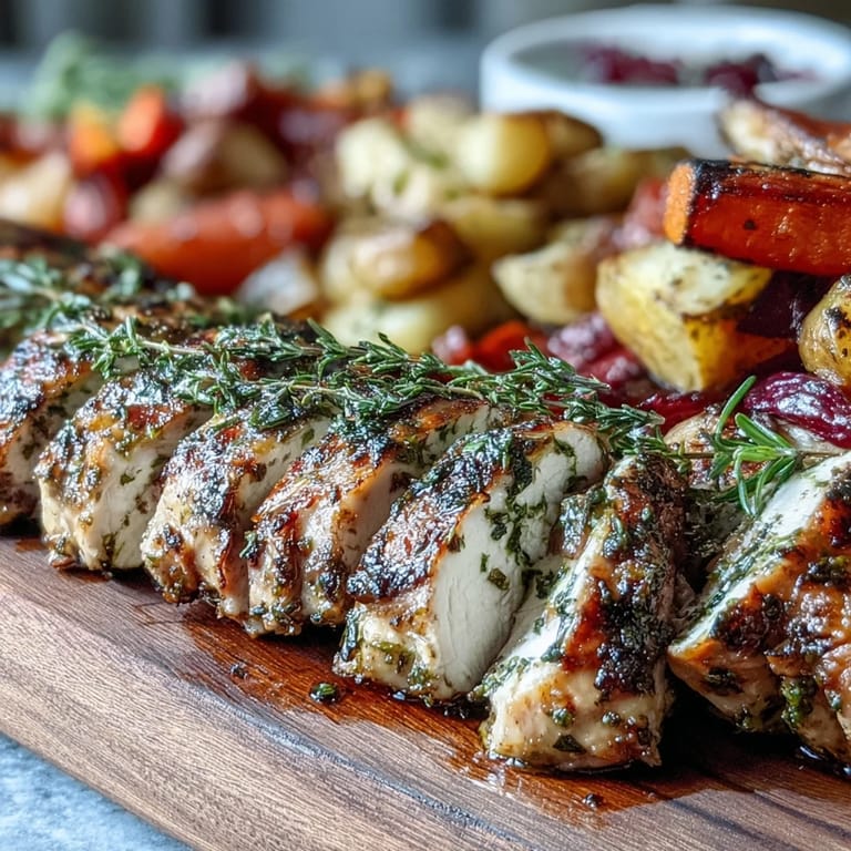 Sliced herb-marinated chicken alongside tender roasted potatoes and red onions on a white plate.