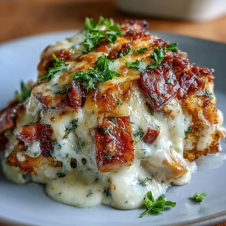A spoon lifts a hearty portion of Keto Chicken Cordon Bleu Casserole, revealing a rich, creamy Dijon sauce loaded with tender chicken and smoky ham.