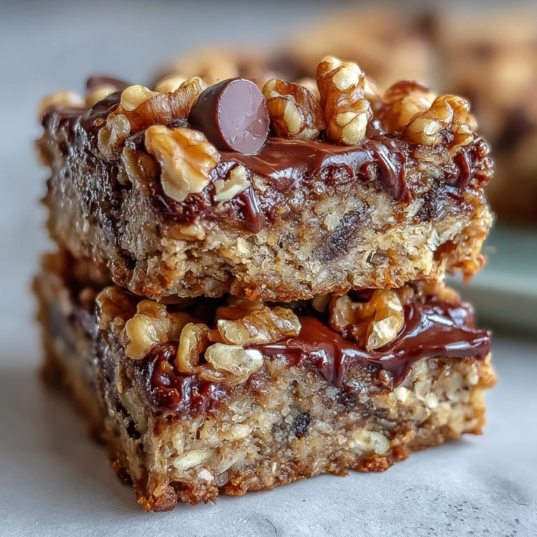 Fudgy homemade Chunky Monkey Protein Baked Oat Bars cut into squares on a rustic wooden table.