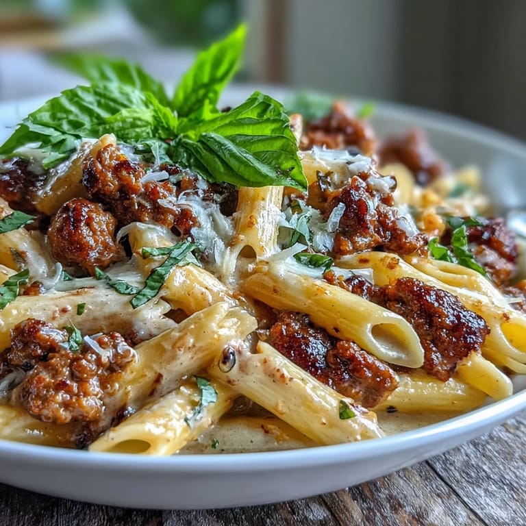 Velvety red wine sausage pasta with tender vegetables, herbs, and a touch of soy sauce for depth.