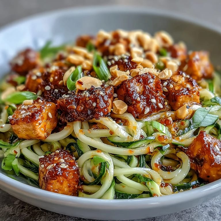 Spicy chili crisp cucumber noodle bowl featuring cold wheat noodles, crisp veggies, creamy dressing, and golden pan-fried tofu.