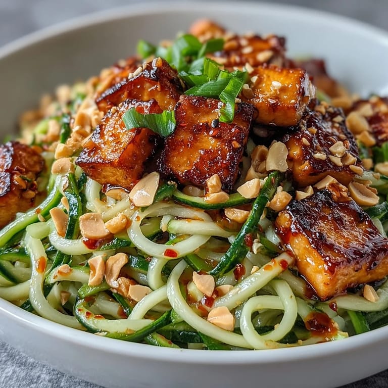 Refreshing cucumber noodle bowl with creamy yogurt dressing, colorful vegetables, and tofu, topped with chili crisp and crunchy peanuts.  