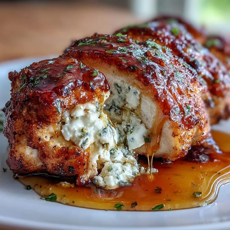 Golden-brown stuffed chicken breasts oozing with herbed ricotta, topped with a luscious hot honey glaze for a sweet-spicy finish.