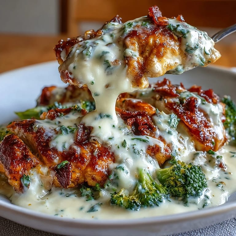 Rich and creamy low-carb Chicken Alfredo with tender strips of chicken, served on a bed of vibrant steamed broccoli.