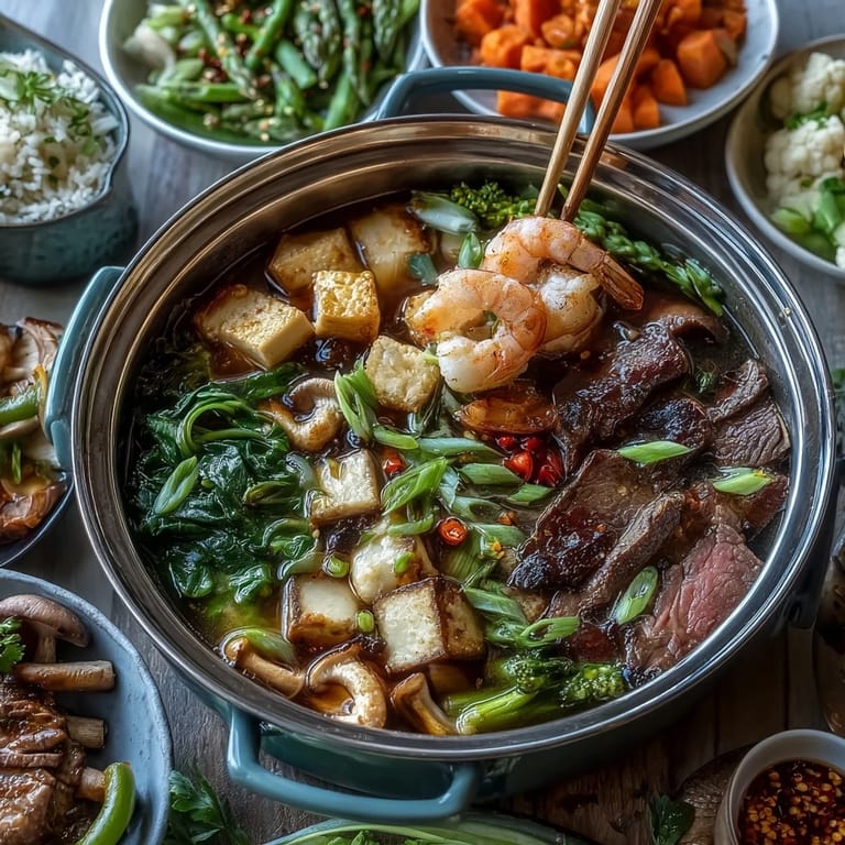 Guests gather around a simmering Asian hot pot filled with vibrant vegetables, meats, and aromatic broth for a shared meal.