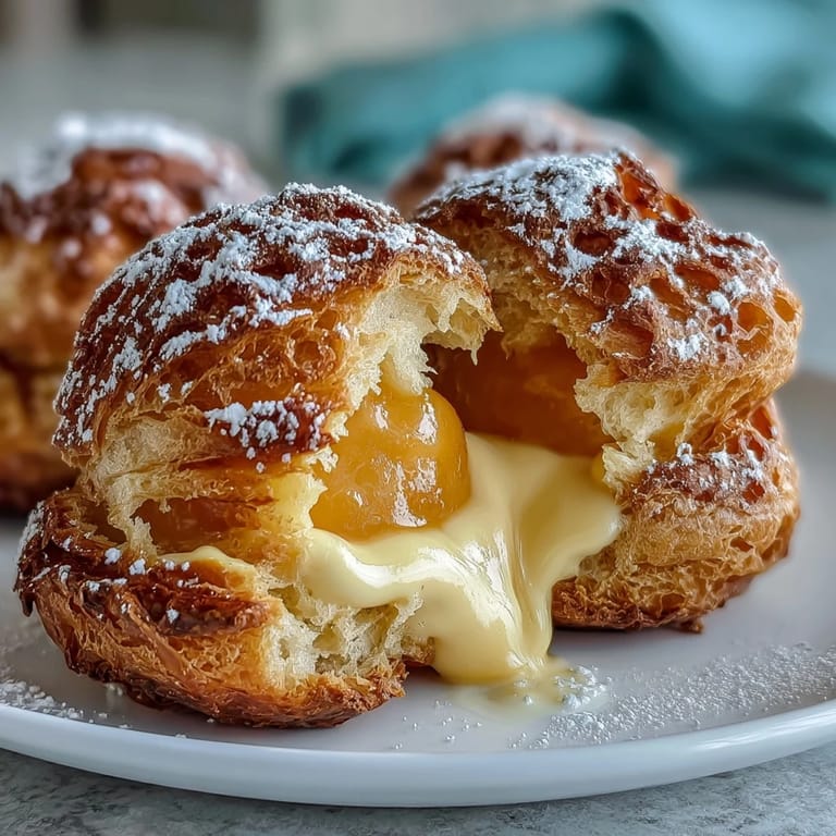 Fluffy choux pastry shells bursting with creamy mango pastry cream, a delightful French-inspired treat with a tropical twist.