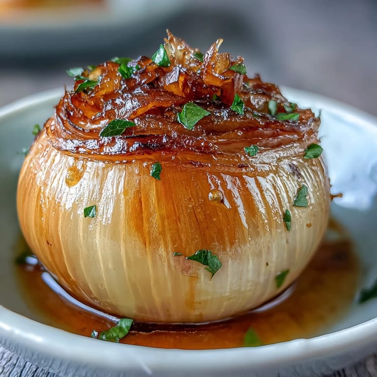 Rich, buttery onion boil with aromatic broth and fresh herbs, served hot in a rustic bowl for comforting enjoyment.