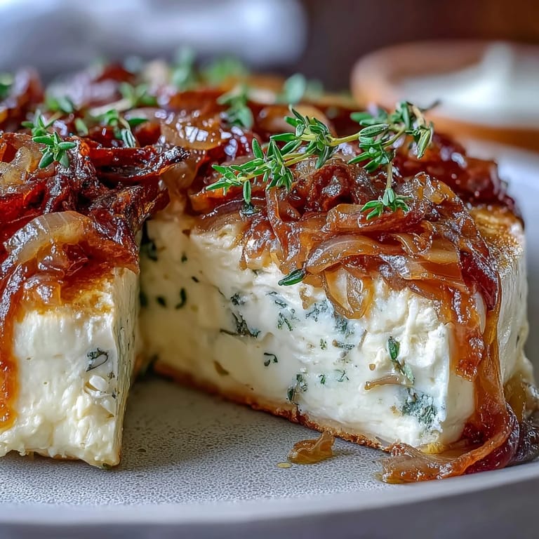 Rich, savory butter board featuring silky caramelized onions swirled into creamy butter, garnished with fresh herbs and served with crunchy crackers and warm bread.