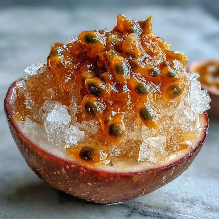 Vibrant passionfruit granita served in chilled glasses, featuring a flaky, icy texture and bright tropical flavor in every bite.