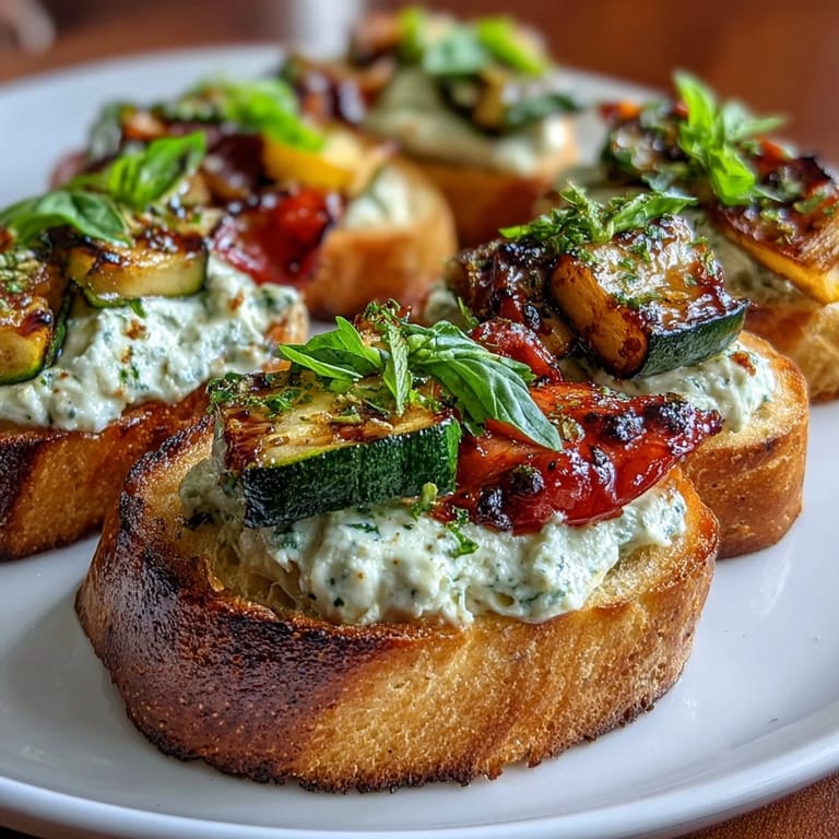 Warm garlic butter crostini piled high with charred vegetables and smooth ricotta, perfect for sharing or snacking.
