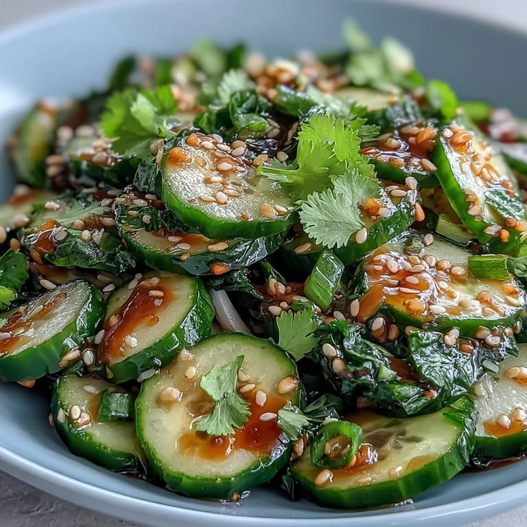Refreshing Asian sesame cucumber salad with soy dressing, garnished with scallions and toasted sesame seeds for added crunch.