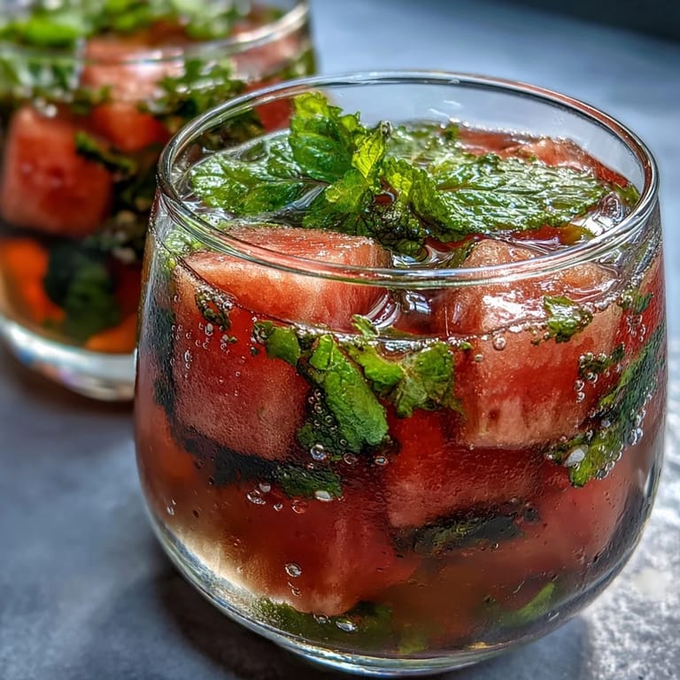 Hydrating watermelon mint infused water served over ice with a garnish of mint, offering a cooling and flavorful beverage option.