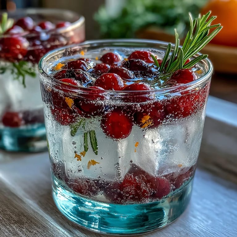 Refreshing cranberry orange sparkler with fresh rosemary sprigs, garnished with citrus slices and berries.  