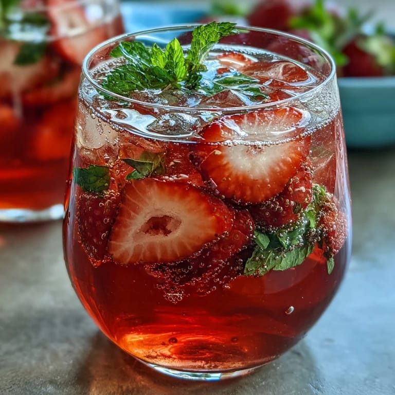 Refreshing non-alcoholic strawberry citrus cocktail with muddled berries, lemon, and sparkling water, perfect for brunch or parties.
