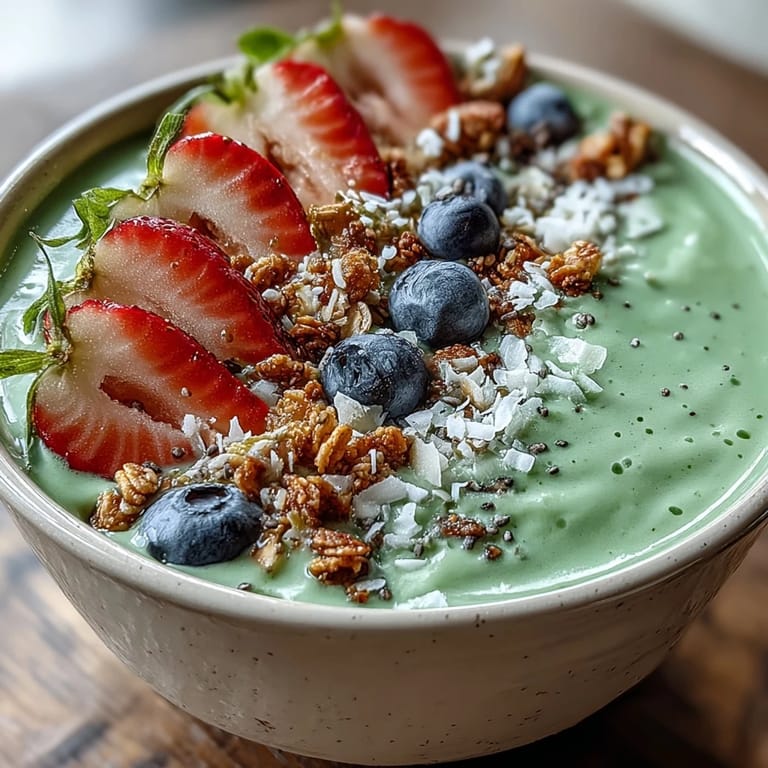 A colorful bowl of matcha-infused yogurt smoothie, artfully garnished with fresh fruit, chia seeds, and coconut flakes for a refreshing and healthy snack.