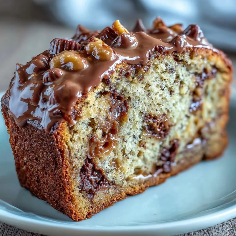 Decadent banana bread baked with swirls of peanut butter, chocolate chips, and chopped peanut butter cups, creating a sweet and satisfying treat.