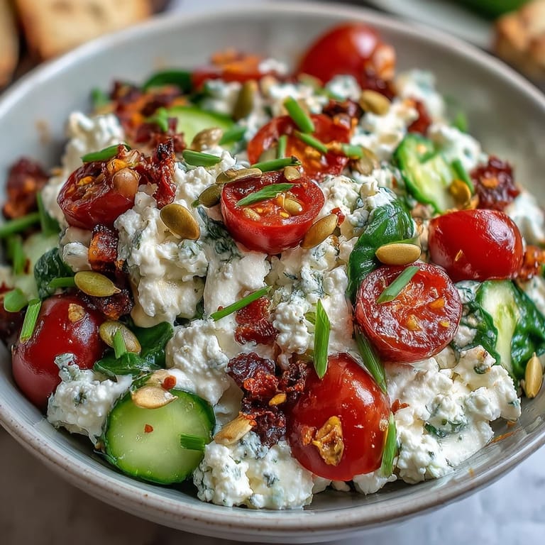 Bright and colorful cottage cheese breakfast bowl featuring crisp cucumbers, cherry tomatoes, and bell peppers, perfect for a healthy start to your day.  