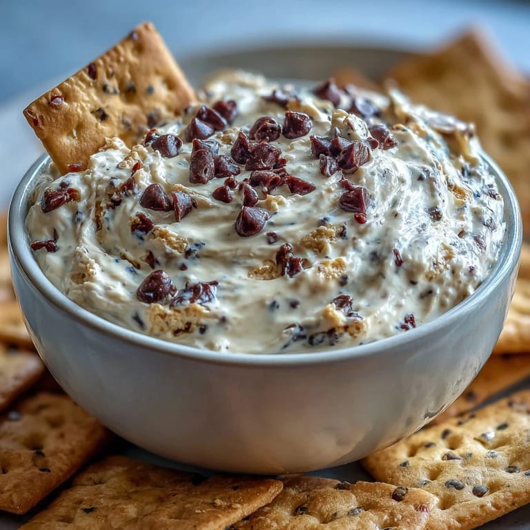 A bowl of smooth cottage cheese cookie dough dip, swirled with mini chocolate chips and ready for dipping crisp apple slices and strawberries.  