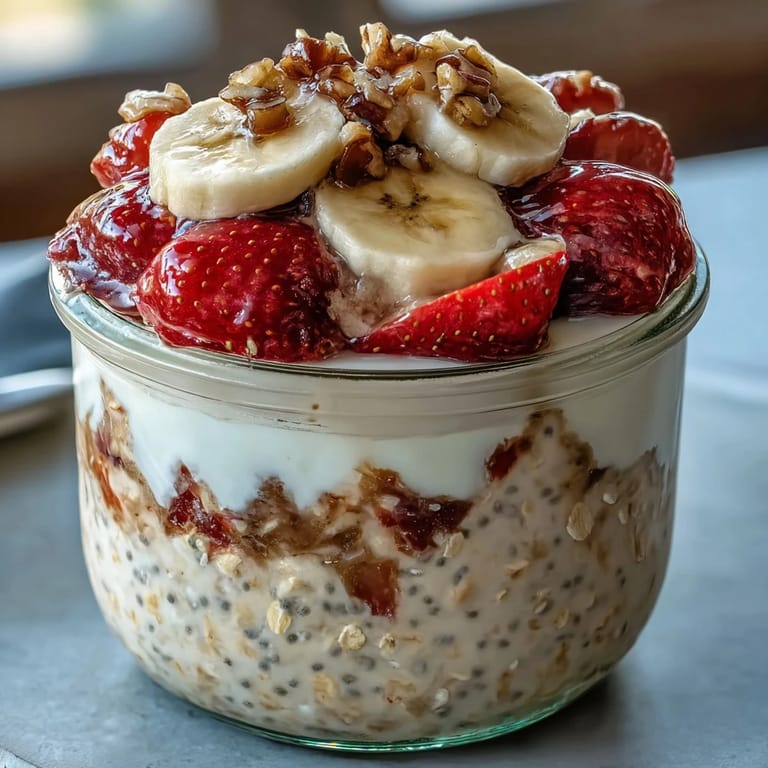 Layered overnight oats with strawberries, banana, and chia seeds, perfect for meal prep or busy mornings.  