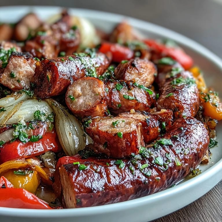 Aromatic sausage and peppers bake together with onions and herbs, creating a savory, one-pan meal perfect for busy weeknights.