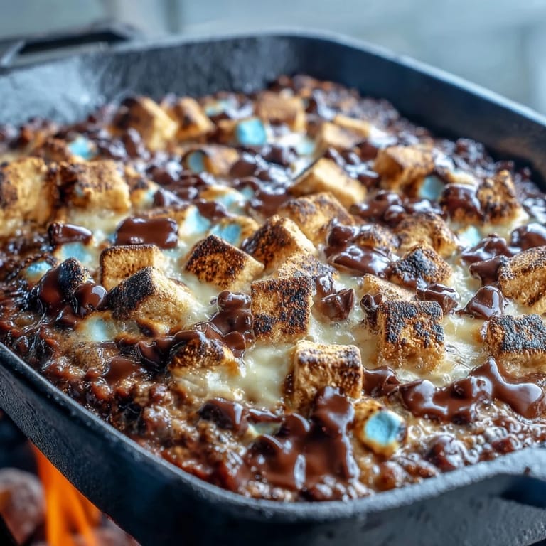 Gooey chocolate and golden marshmallows create a festive smores dip in a cast iron skillet, perfect for sharing at Independence Day parties.