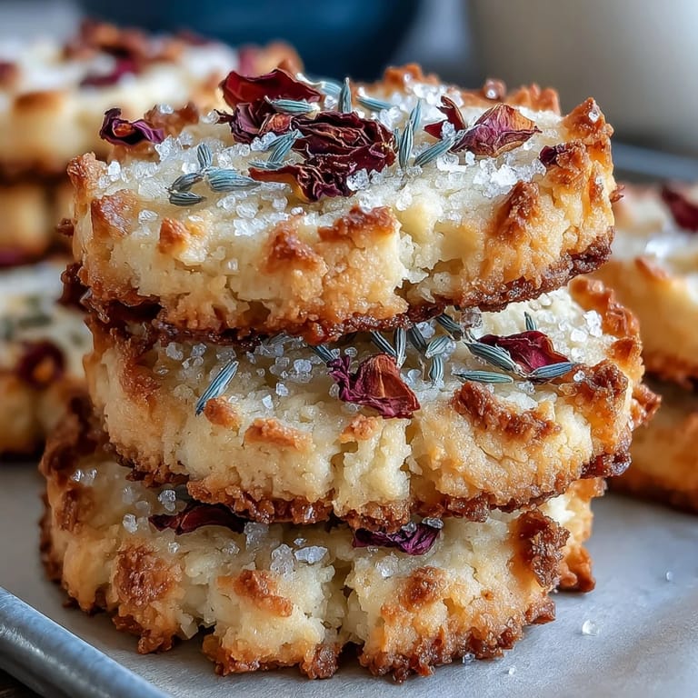 2. Buttery shortbread cookies topped with pressed edible flowers and a sprinkle of sugar, perfect for a springtime Mothers Day celebration.