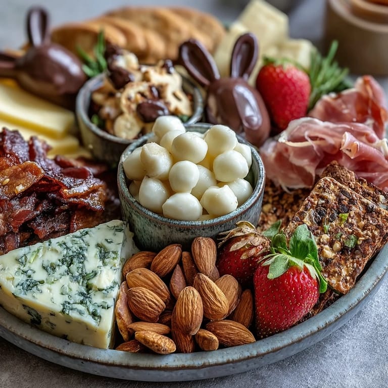 Festive Easter Charcuterie Board featuring an assortment of colorful cheeses, meats, and sweet treats, beautifully arranged in mini basket-style portions for a spring celebration.