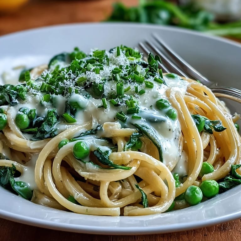 Spring pasta dish with tender peas and baby spinach tossed in a zesty lemon cream sauce, topped with grated Parmesan.