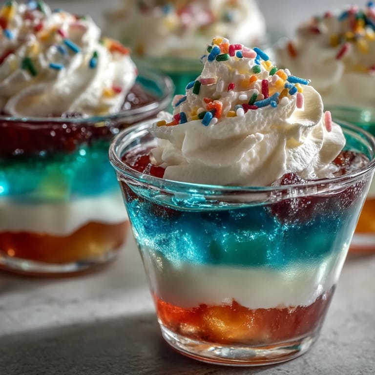 Rainbow Jello cups in red, orange, yellow, green, blue, and purple layers, served chilled with a dollop of whipped cream.