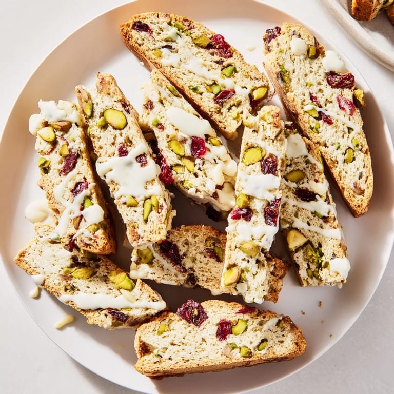 Freshly baked white chocolate cranberry pistachio biscotti with a wonderfully textured, crunchy surface, ideal for holiday gatherings.